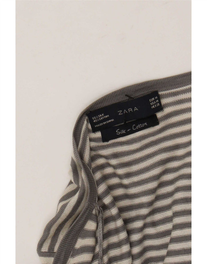 Zara Dame Longline Asymmetrisk Cardigan Sweater UK 12 Medium Grå Stribet