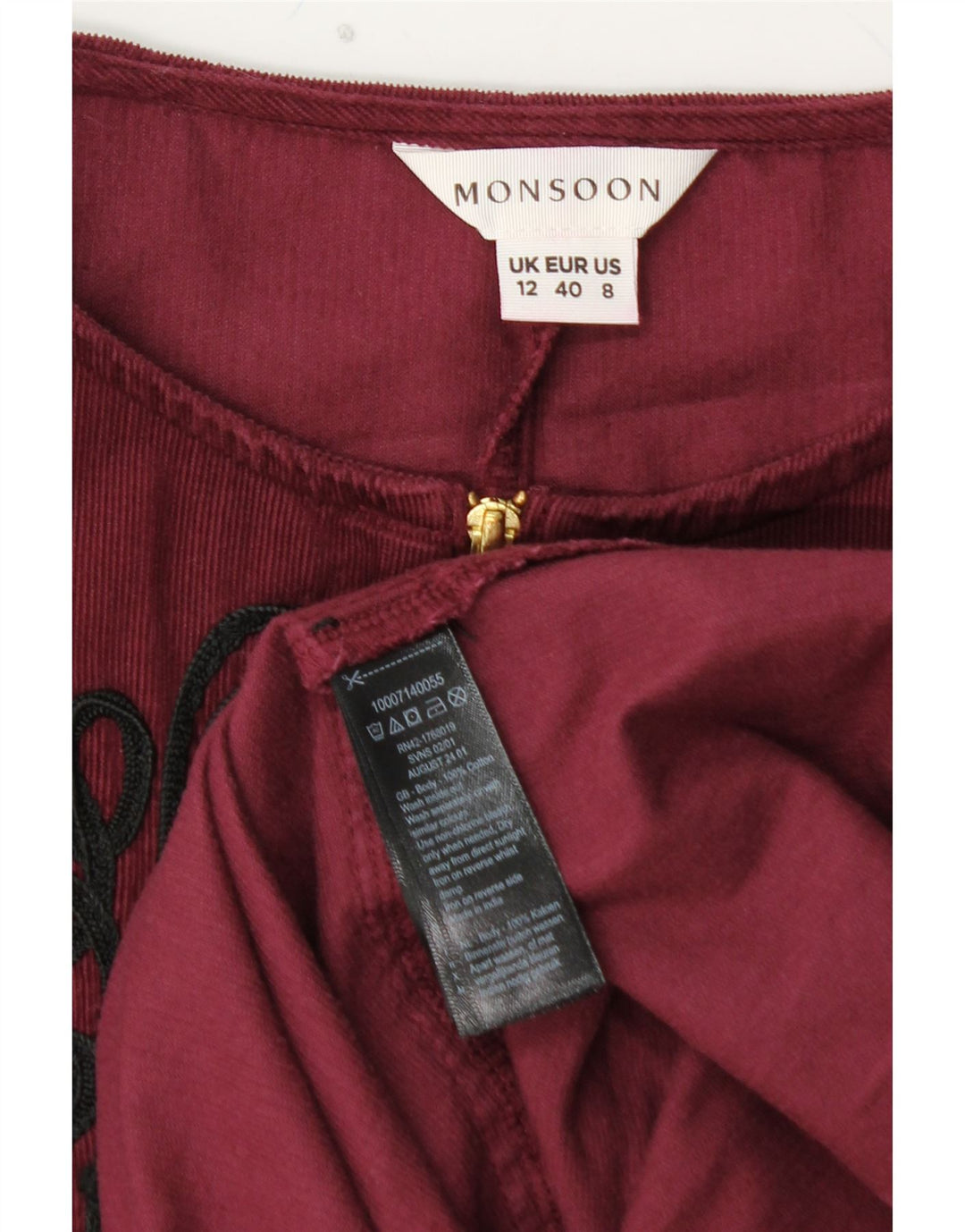 MONSOON dame 3/4 ærmet fløjlsbukser A-line kjole UK 12 Medium Burgundy