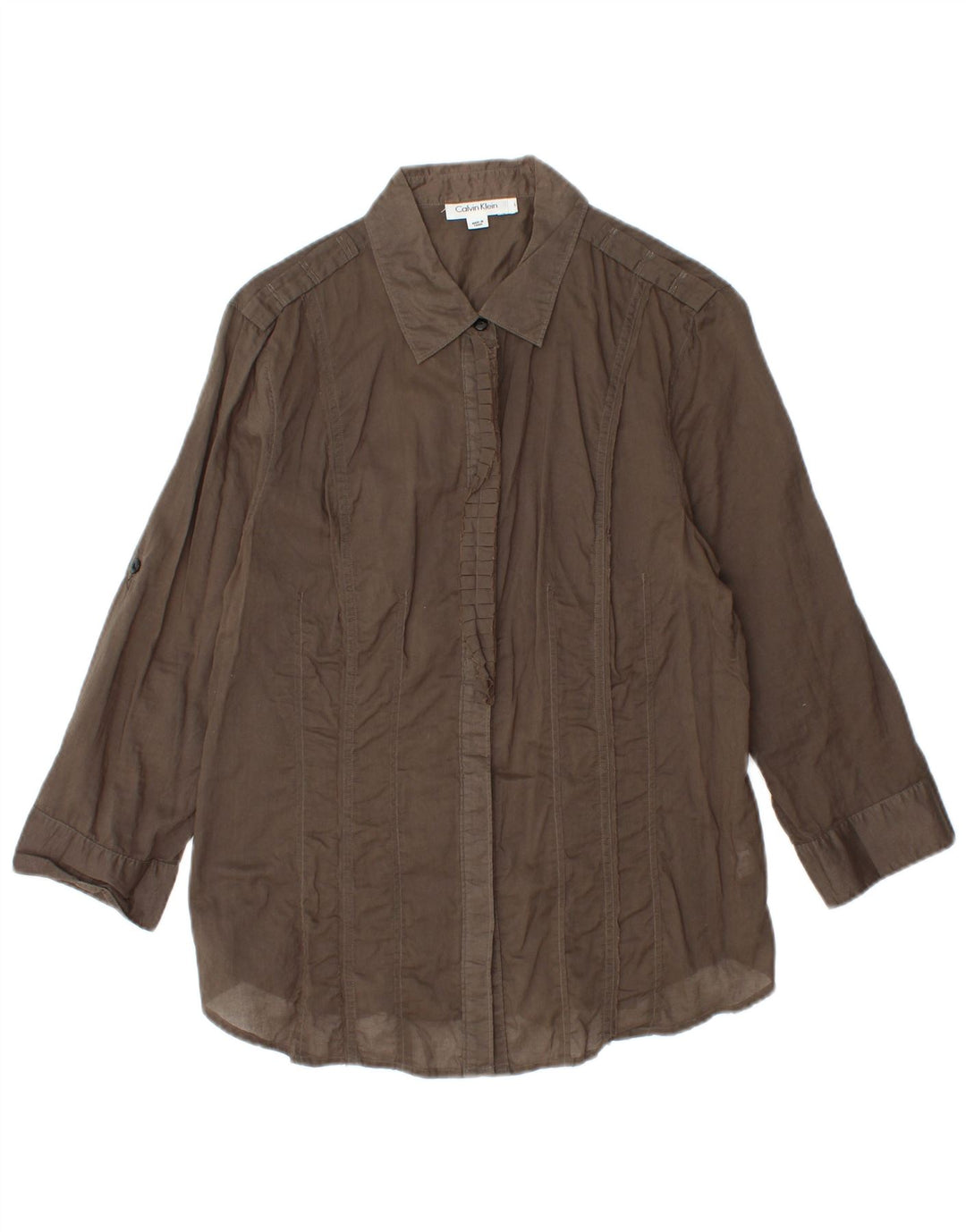 CALVIN KLEIN dame 3/4 ærmet flæse front skjorte UK 14 Stor brun bomuld