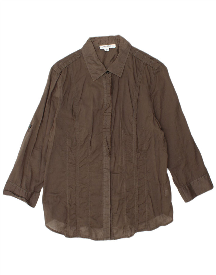 CALVIN KLEIN dame 3/4 ærmet flæse front skjorte UK 14 Stor brun bomuld