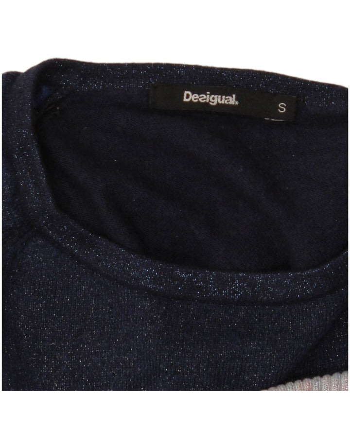 DESIGUAL Dame Boat Neck Jumper Sweater UK 10 Small Navy Blue Floral