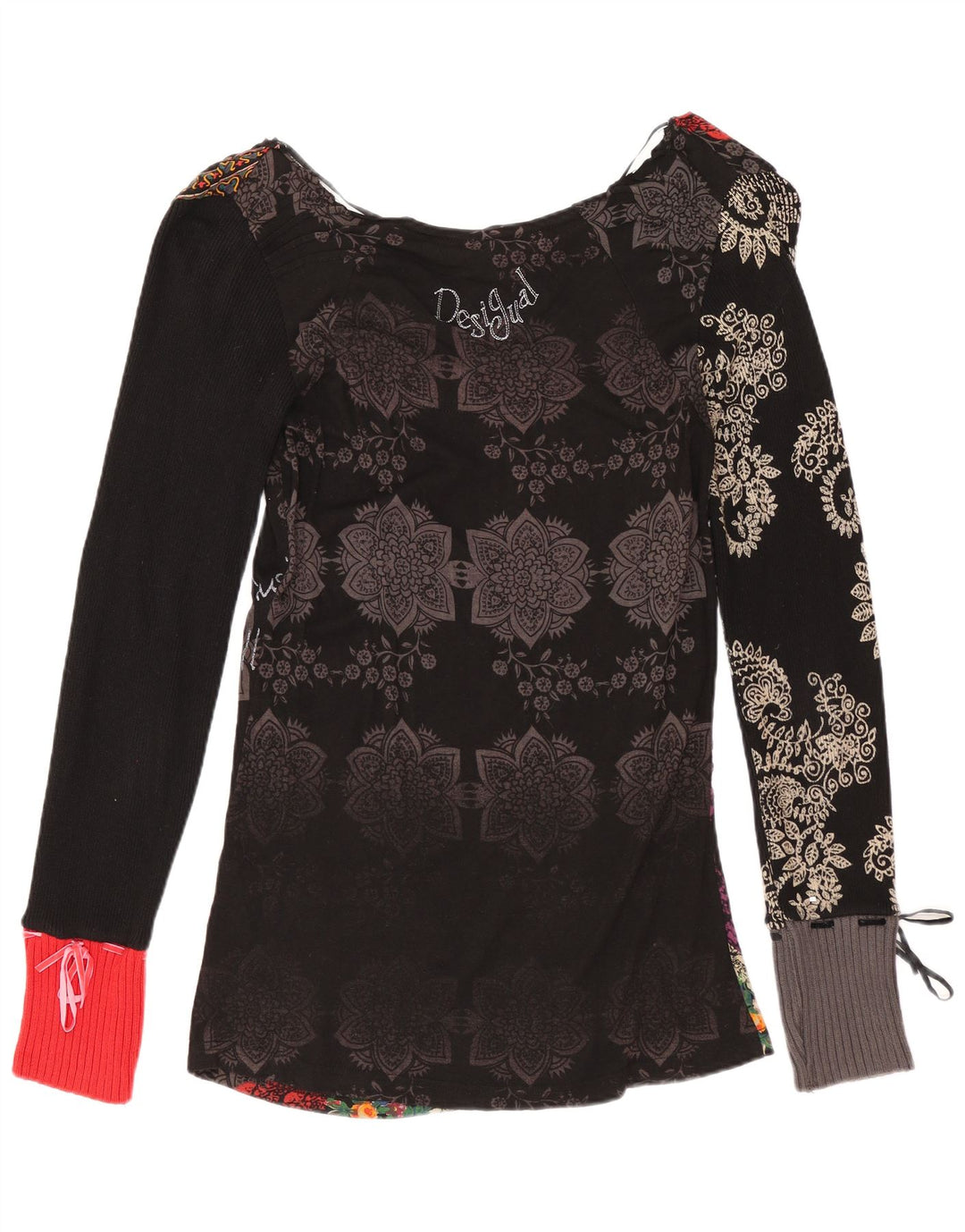 DESIGUAL Dame Grafisk Top Langærmet UK 12 Medium Sort Blomster Bomuld
