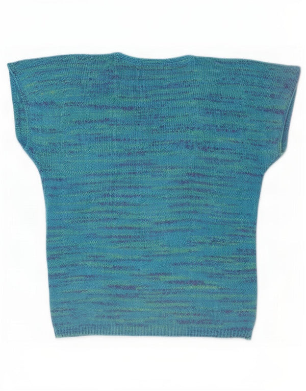 Vintage Dame Kortærmet V-hals Jumper Sweater UK 18 XL Blå Flecked