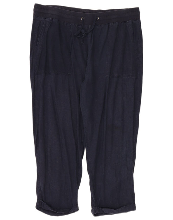 M&Co Womens Cropped Trousers UK 18 XL W38 L24 Navy Blue Linen