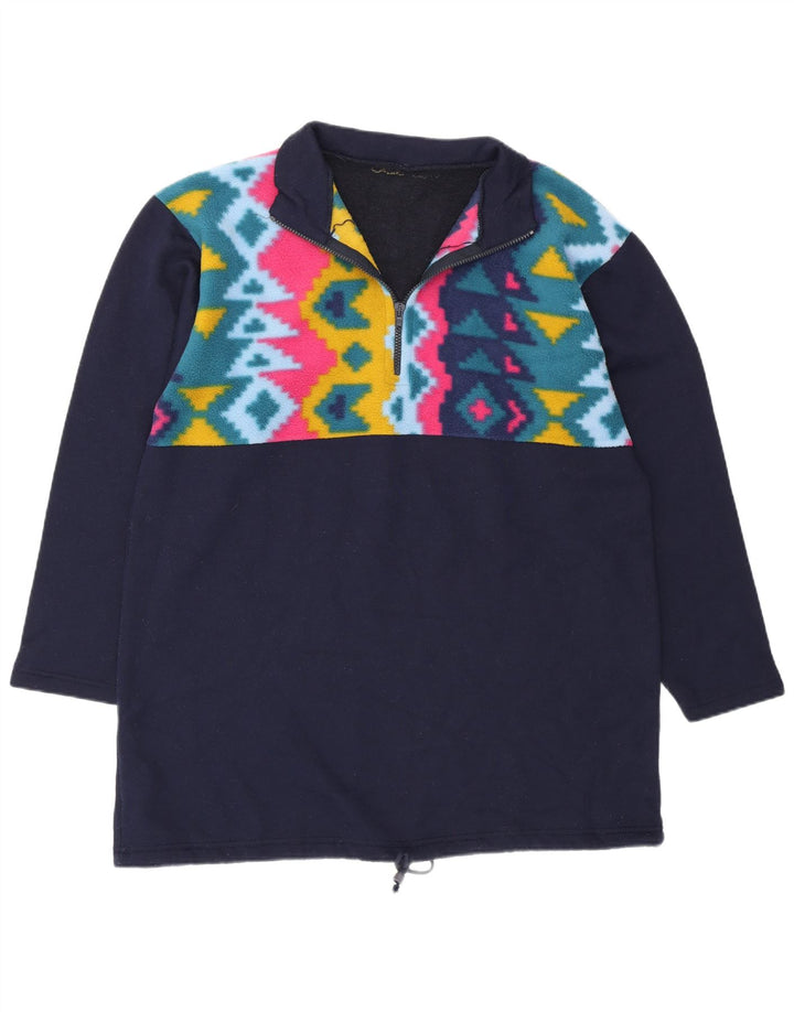 Vintage Herre Zip Neck Pullover Træningsdragt Top Stor Marineblå Geometrisk