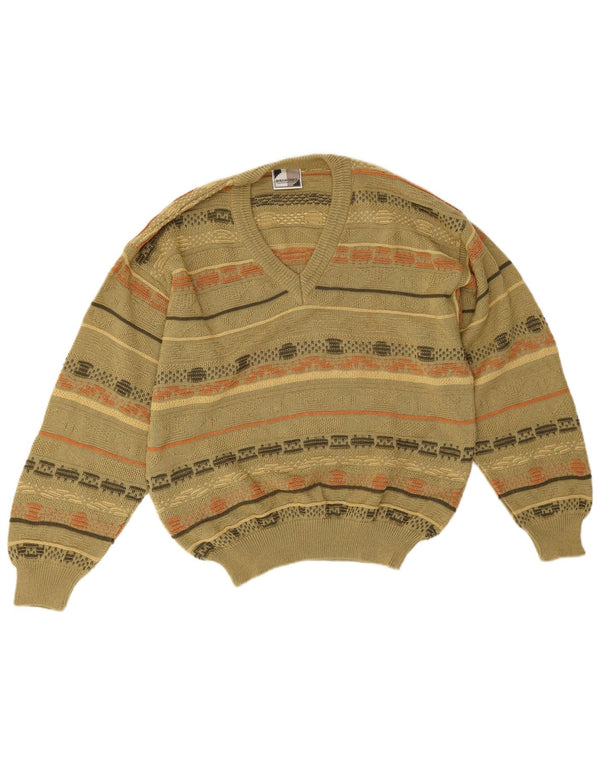 Giramondo Herre V-hals sweater IT 50 Medium Khaki Geometrisk Bomuld