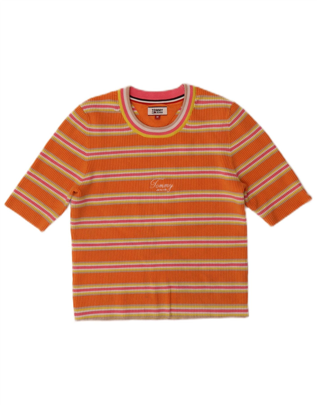 TOMMY HILFIGER Womens Crop Crew Neck Jumper Sweater UK 12 Medium Orange