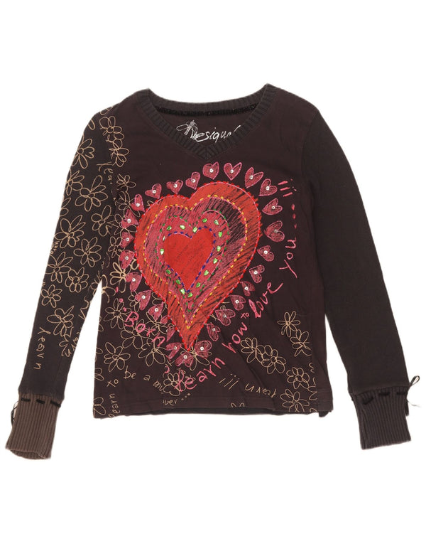Desigual Dame Grafisk Top Langærmet UK 18 XL Sort Blomster Bomuld Hjerte