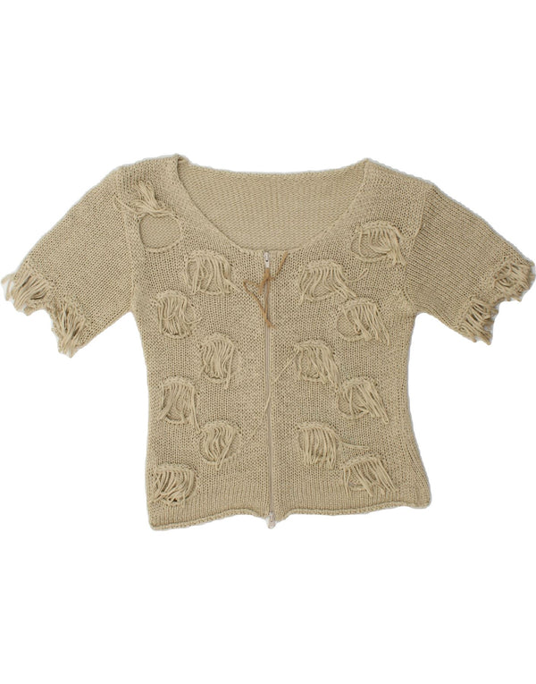 VINTAGE kortærmet cardigantrøje til kvinder UK 10 Lille beige bomuld