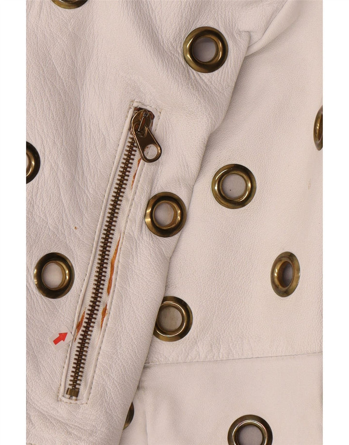 Vintage Dame Crop Læderjakke UK 10 Small White Læder