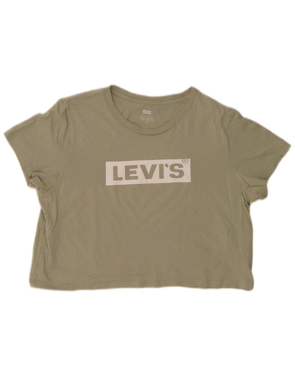 Levi's Dame Crop Grafisk T-Shirt Top UK 16 Stor Khaki Bomuld