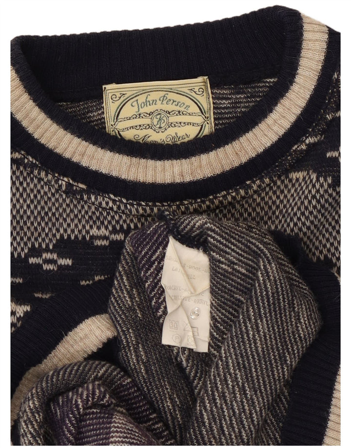 Vintage sweater med rund hals til mænd Medium marineblå geometrisk uld