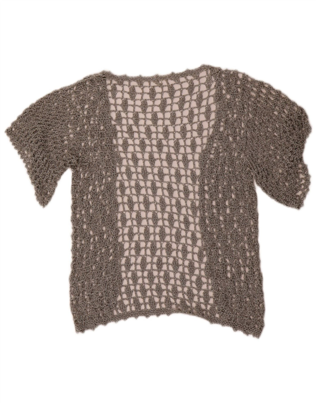 Vintage kortærmet hæklet cardigantop til kvinder, UK 12 Medium Silver