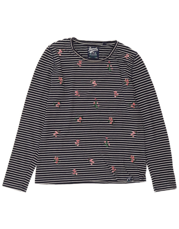 SUPERDRY Dame Top Langærmet UK 10 Lille Marineblå Stribet Bomuld