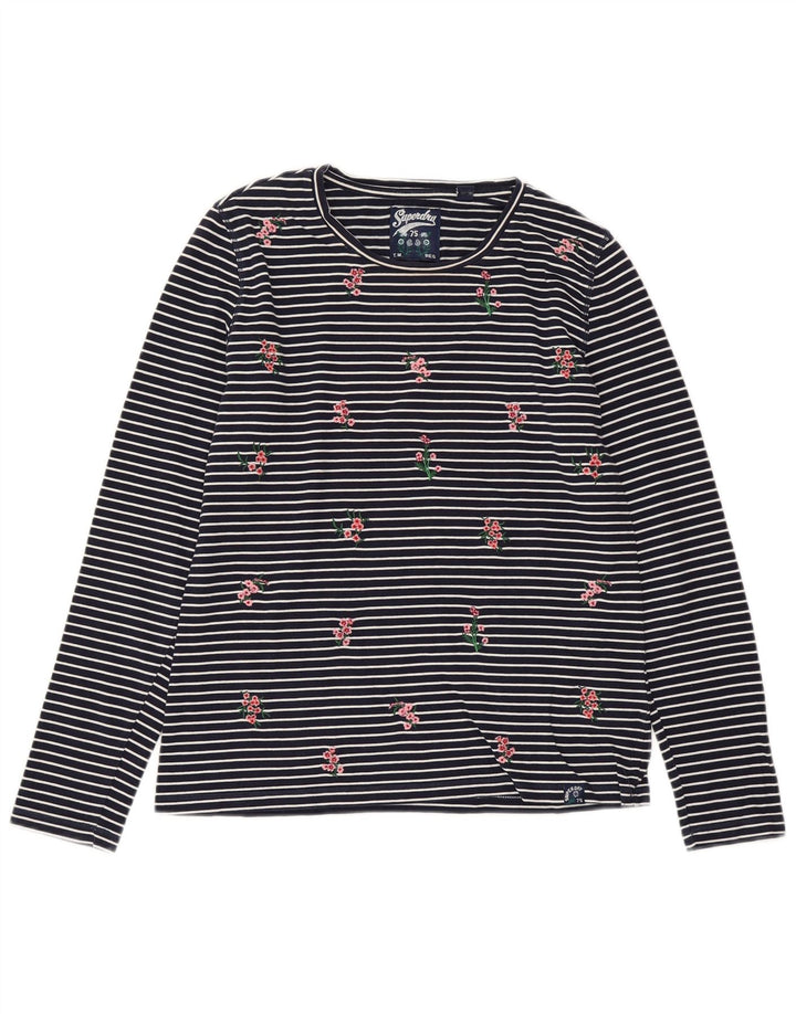 SUPERDRY Dame Top Langærmet UK 10 Lille Marineblå Stribet Bomuld