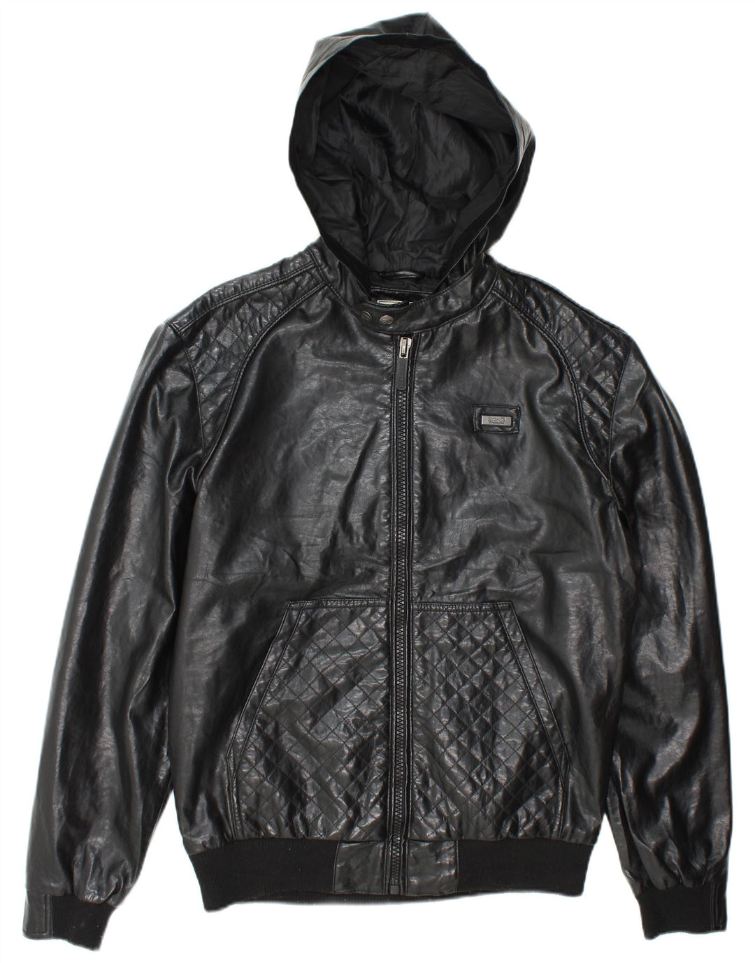 Ecko Unltd Herre Hooded Faux Leather Bomber Jacket UK 38 Medium Black