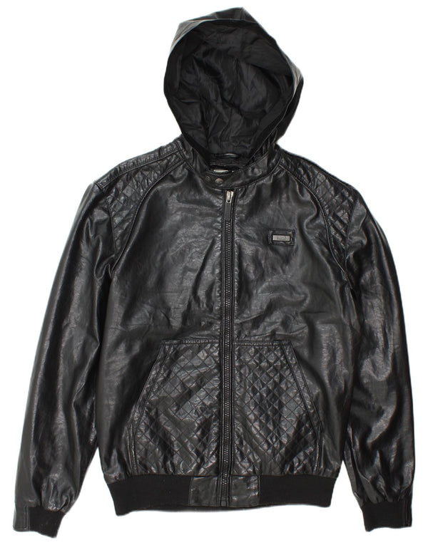 Ecko Unltd Herre Hooded Faux Leather Bomber Jacket UK 38 Medium Black
