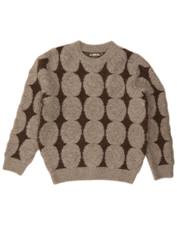 Zara Dame Crew Neck Jumper Sweater UK 16 Large Beige Geometrisk Polyester