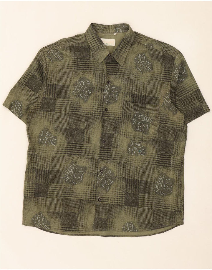 Vintage herre abstrakt mønster kortærmet skjorte XL Khaki Viscose
