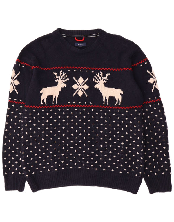 Gant herre rund hals sweater 2XL marineblå Fair Isle uld jul