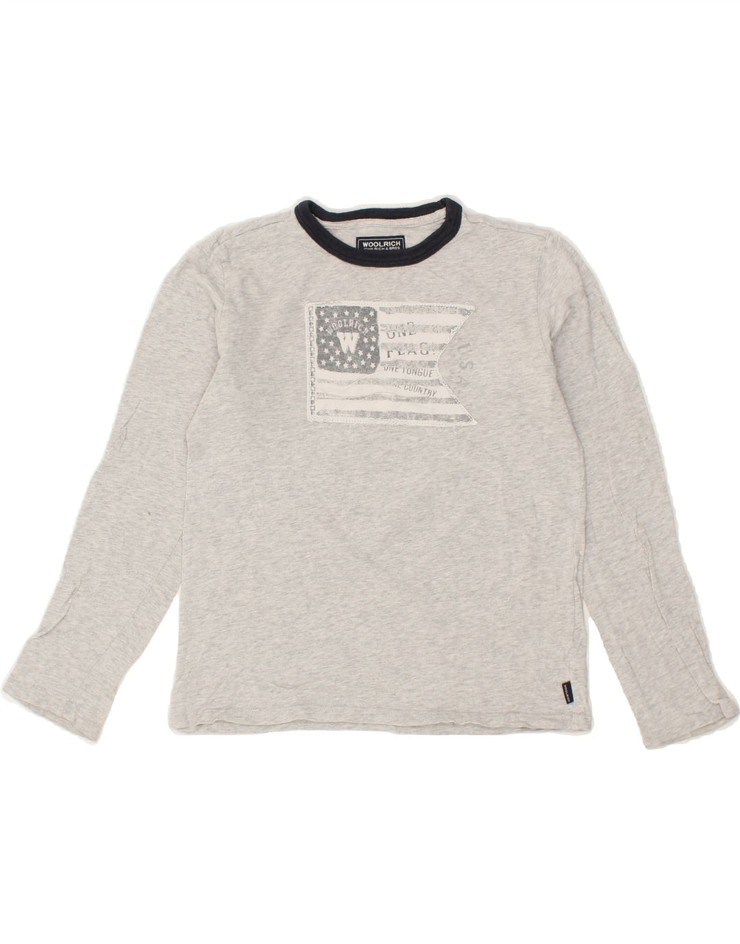 WOOLRICH Boys Graphic Top Long Sleeve 7-8 Years Grey Cotton Vintage Woolrich and Second-Hand Woolrich from Messina Hembry 