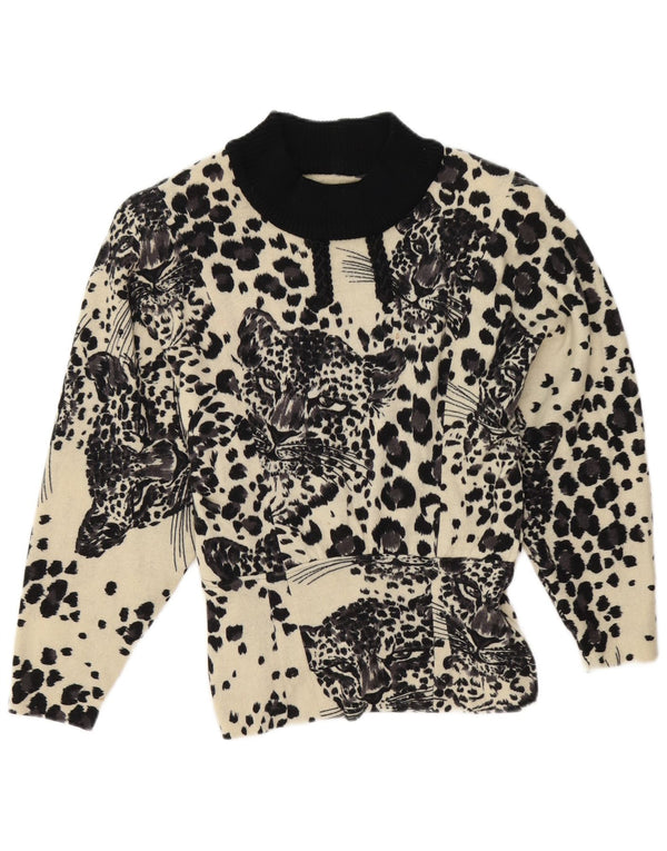 Vintage Dame Turtle Neck Jumper Sweater UK 16 Stor sort dyreprint