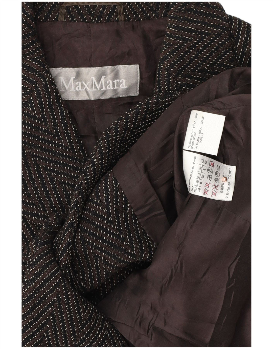 Max Mara Dame 3 Button Blazer Jacket UK 8 Small Brown Chevron Wool