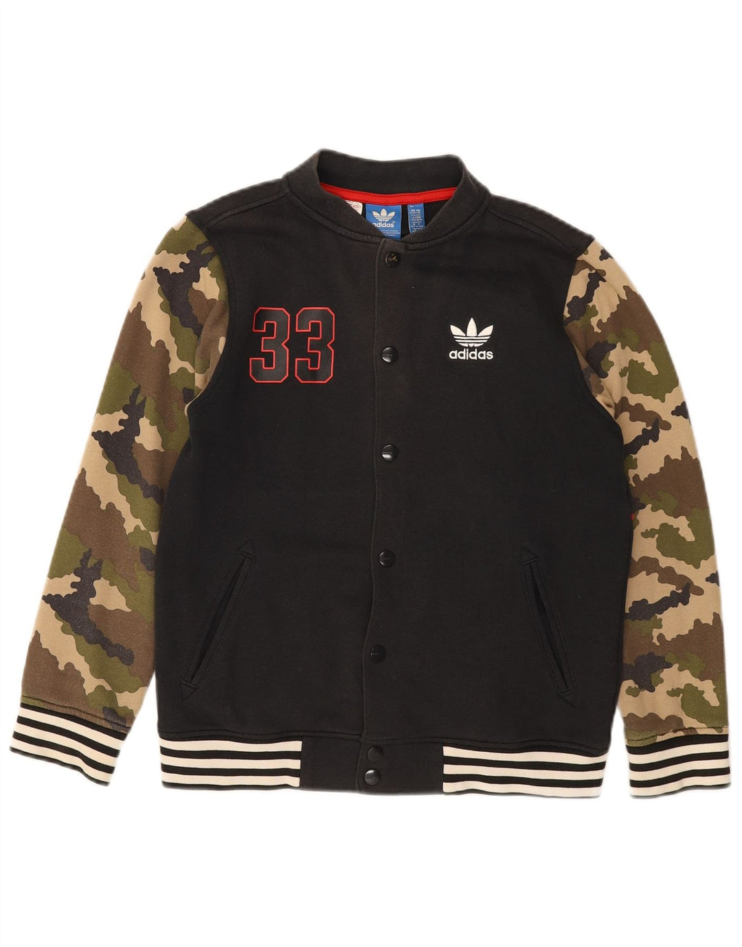 ADIDAS Boys Graphic Varsity Jacket 11-12 Years Black Camouflage Cotton