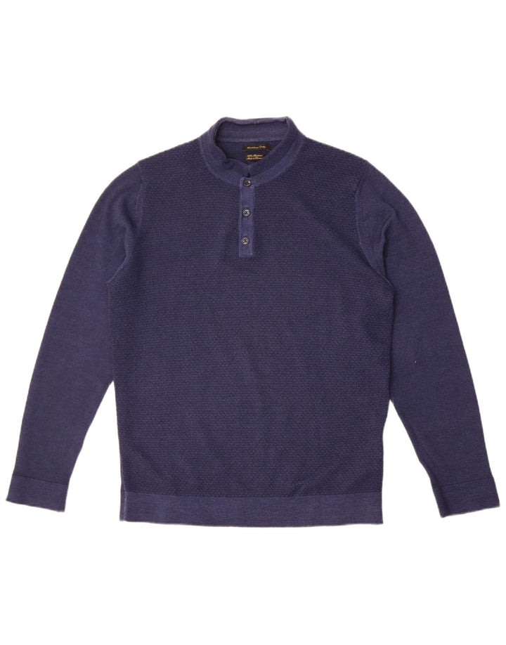Massimo Dutti Herre Button Neck Jumper Sweater Medium Navy Blue Uld