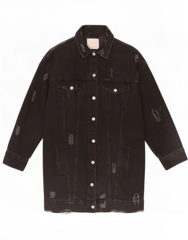 Zara Dame Trafaluc Distressed Denim Coat UK 10 Small Black Cotton