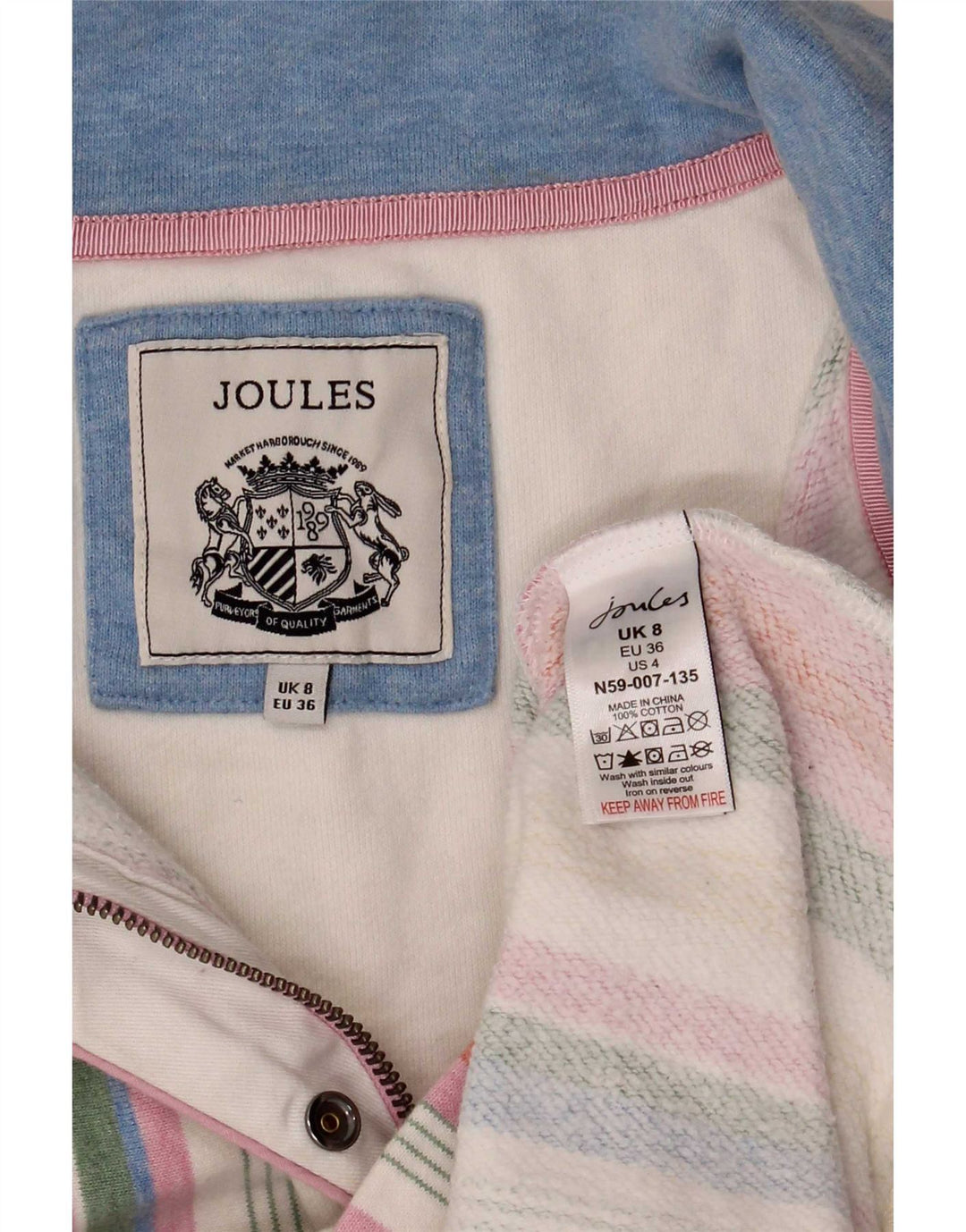 Joules Dame Zip Neck Sweatshirt Jumper UK 8 Small Multicolored Striped