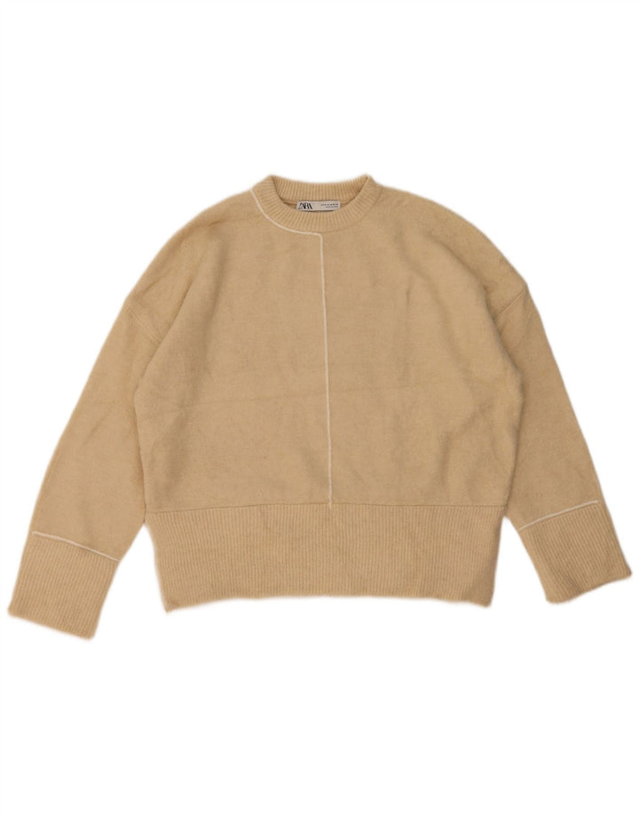 Zara Dame Oversized Crew Neck Jumper Sweater UK 14 Medium Beige Akryl