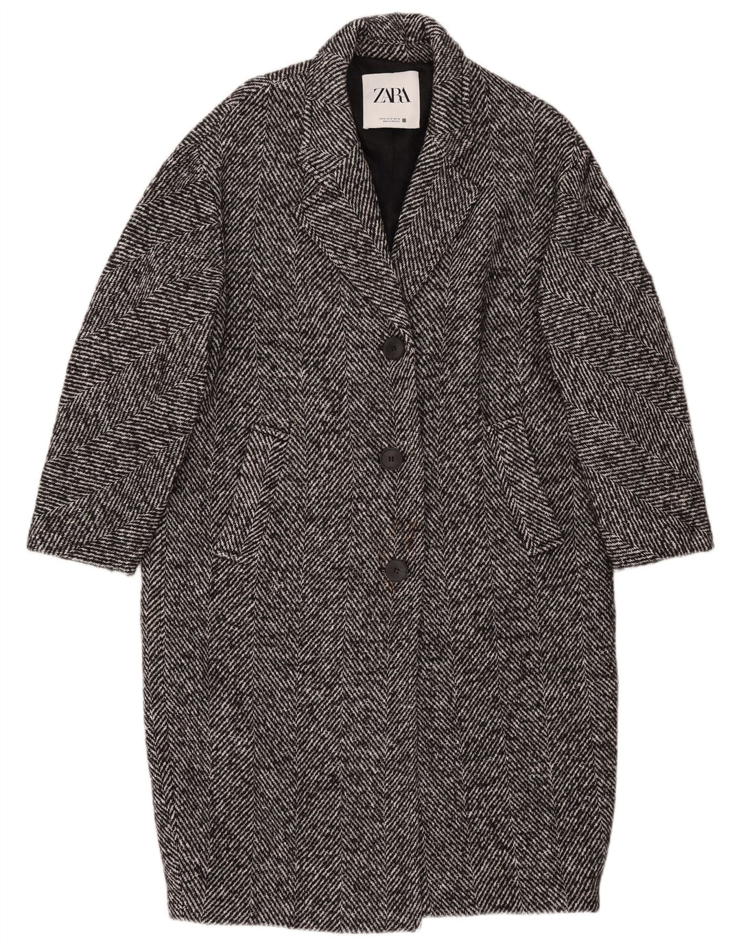 Zara Dame 3/4 ærmet overfrakke UK 14 Medium Sort sildebensbomuld