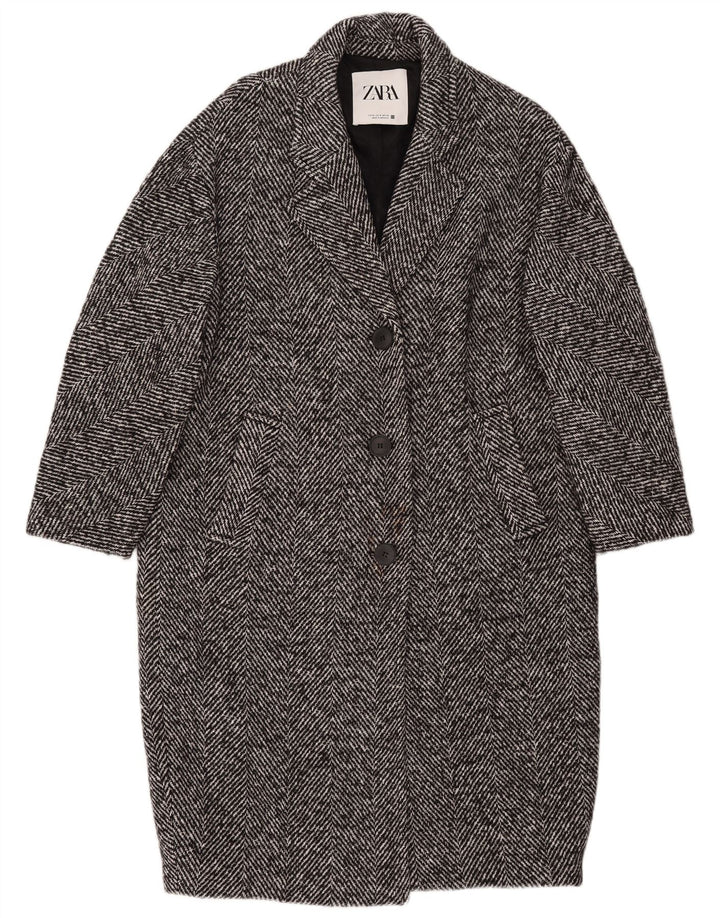 Zara Dame 3/4 ærmet overfrakke UK 14 Medium Sort sildebensbomuld