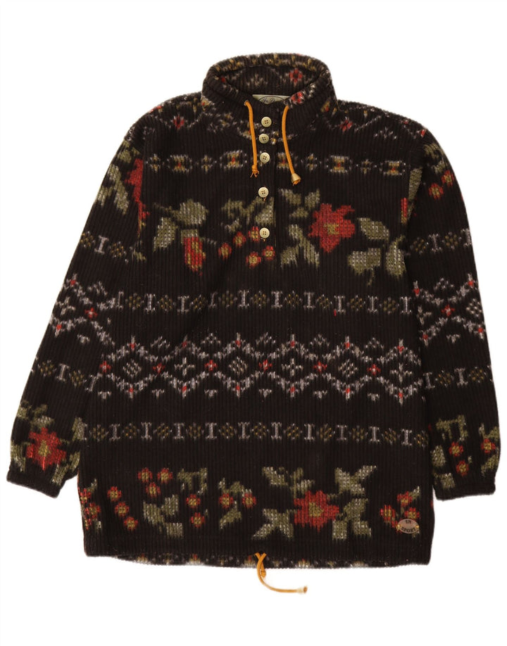 Vintage Dame Button Neck Jumper Sweater IT 48 XL Sort Floral Polyester