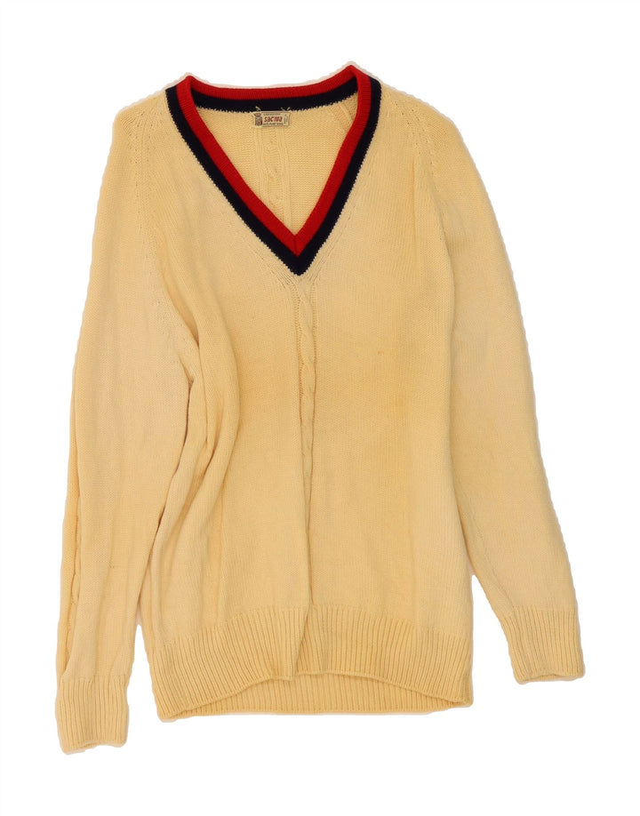 VINTAGE Mens V-Neck Jumper Sweater Small Beige Wool Vintage Vintage and Second-Hand Vintage from Messina Hembry 