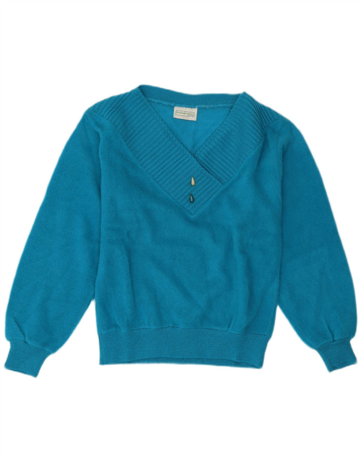 Vintage Dame V-hals sweater UK 12 Medium Blue Acryl