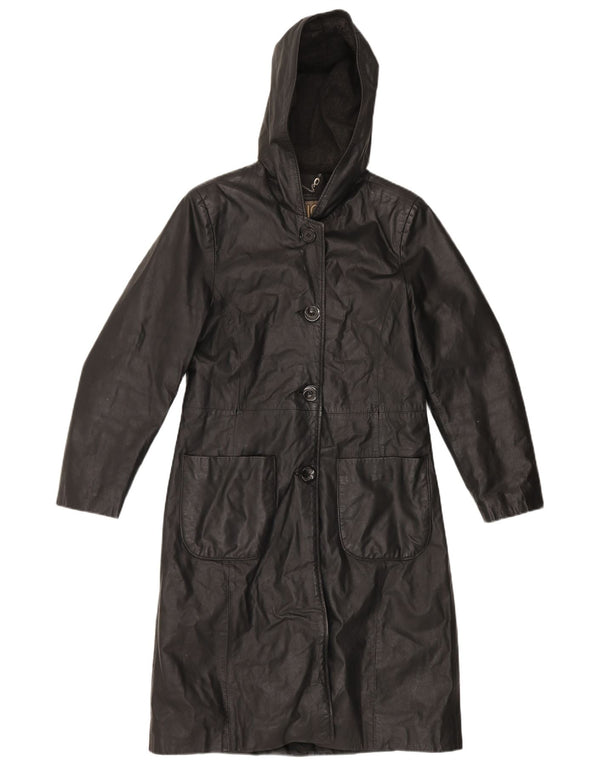 Vintage læderfrakke med hætte til kvinder IT 44 Medium sort læder