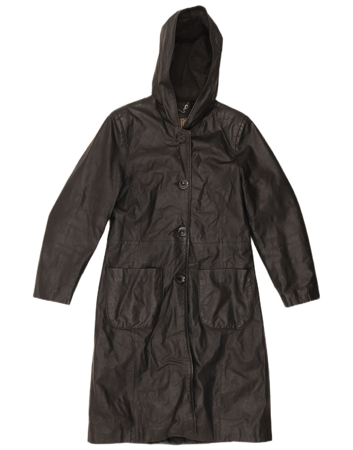 Vintage læderfrakke med hætte til kvinder IT 44 Medium sort læder