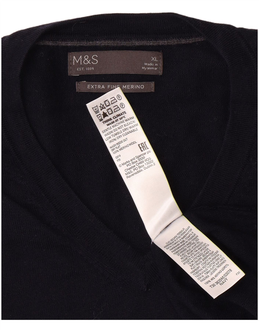 MARKS & SPENCER Herre V-hals sweater XL Navy Blue Classic