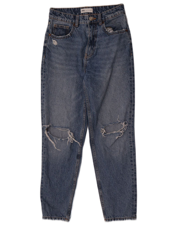Zara Dame Distressed Tapered Jeans EU 36 XS W26 L27 Blå Bomuld