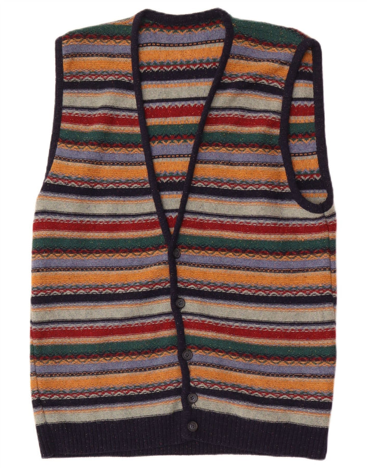 Vintage herre ærmeløs cardigan sweater Medium flerfarvet stribet uld
