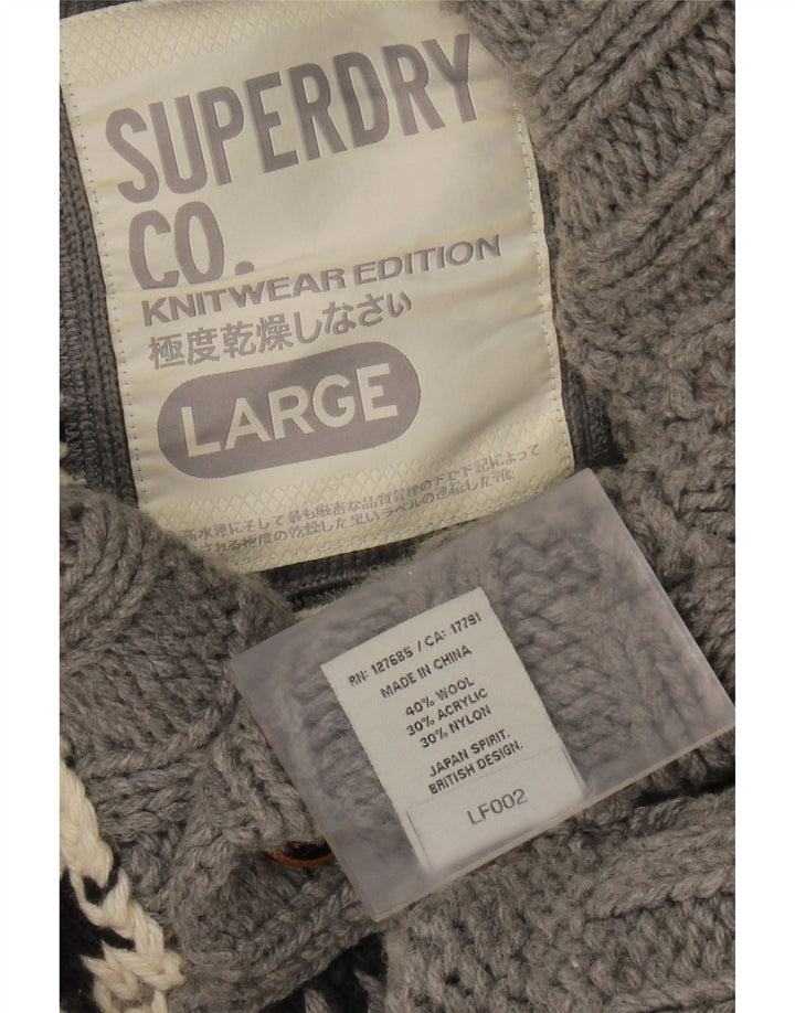 SUPERDRY Herre Button Neck Jumper Sweater Large Grey Fair Isle Wool