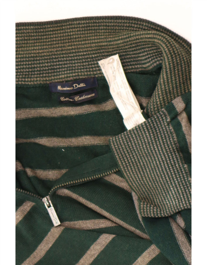 Massimo Dutti Herre Zip Neck Jumper Sweater Stor Grøn Stribet Bomuld
