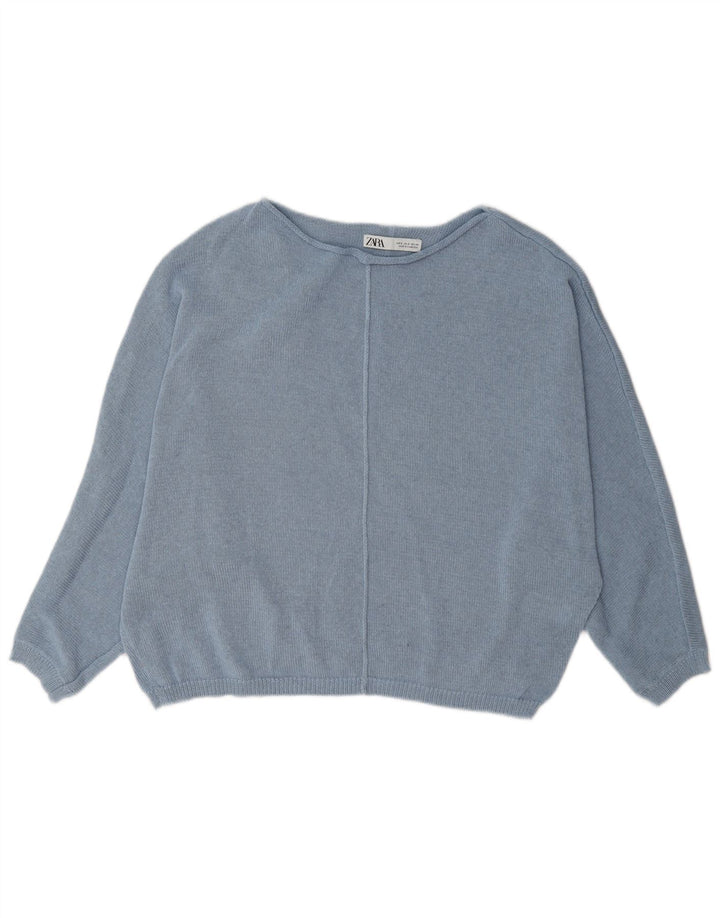 Zara Dame Oversized Boat Neck Jumper Sweater UK 10 Small Blue Polyester