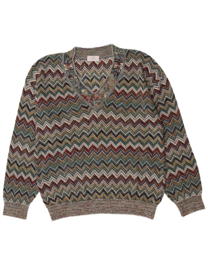 Vintage Herre V-hals sweater Stor flerfarvet Chevron Akryl