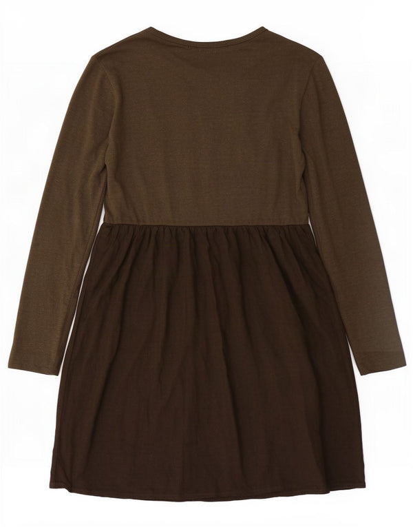 Benetton Dame Langærmet Basic Dress UK 10 Small Khaki Colourblock