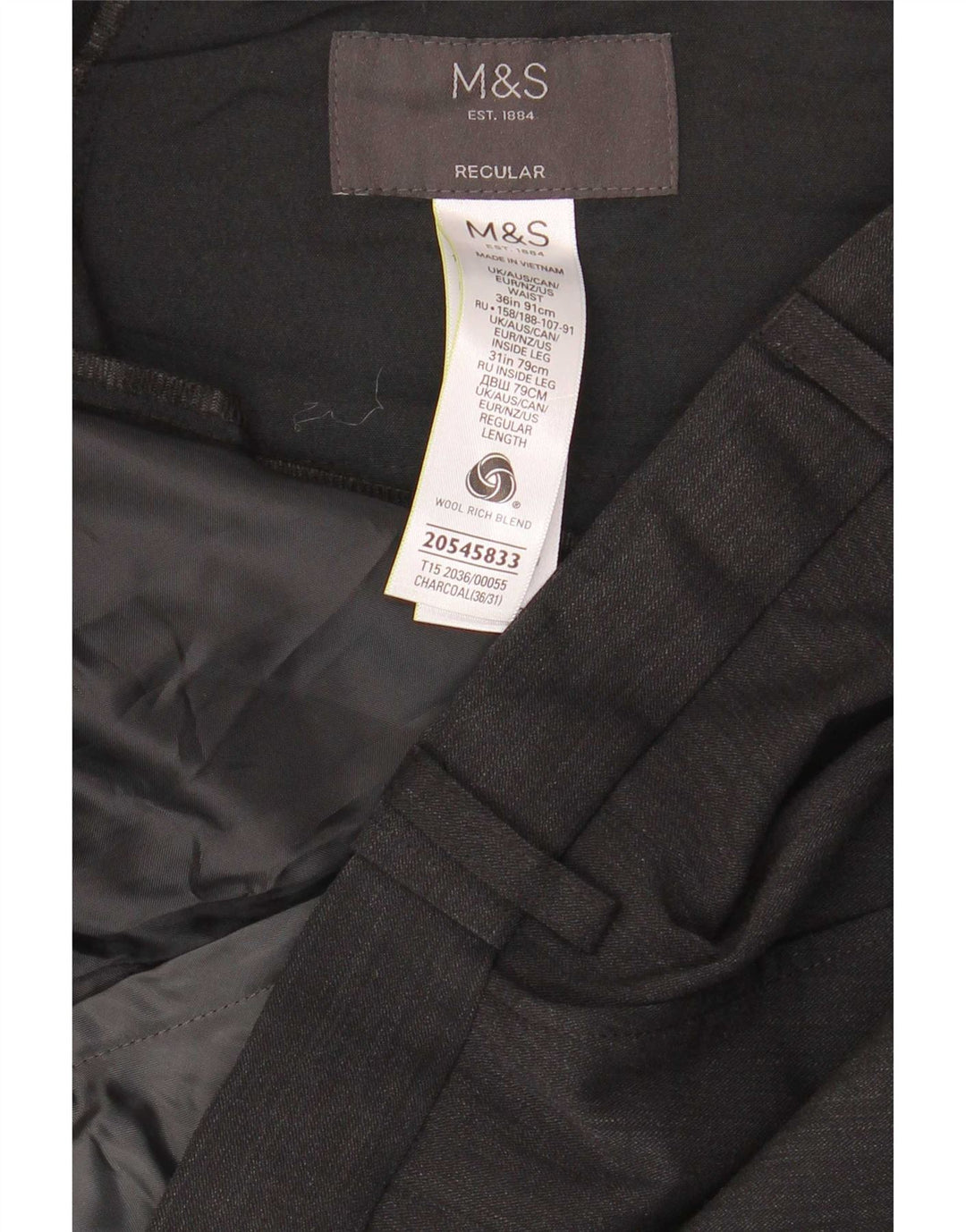 Marks & Spencer Herre Regular Fit Suit Bukser W36 L31 Grå uld