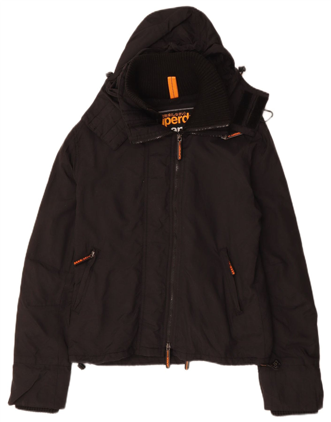Superdry vindjakke med hætte til kvinder UK 16 Stor sort polyester