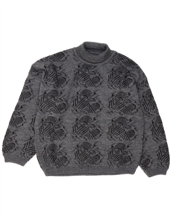 Vintage Herre abstrakt mønster rullehals sweater stor grå